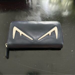 Sold! FENDI Monster Long Zip Around Leather Wallet, Navy & White, EC, COA